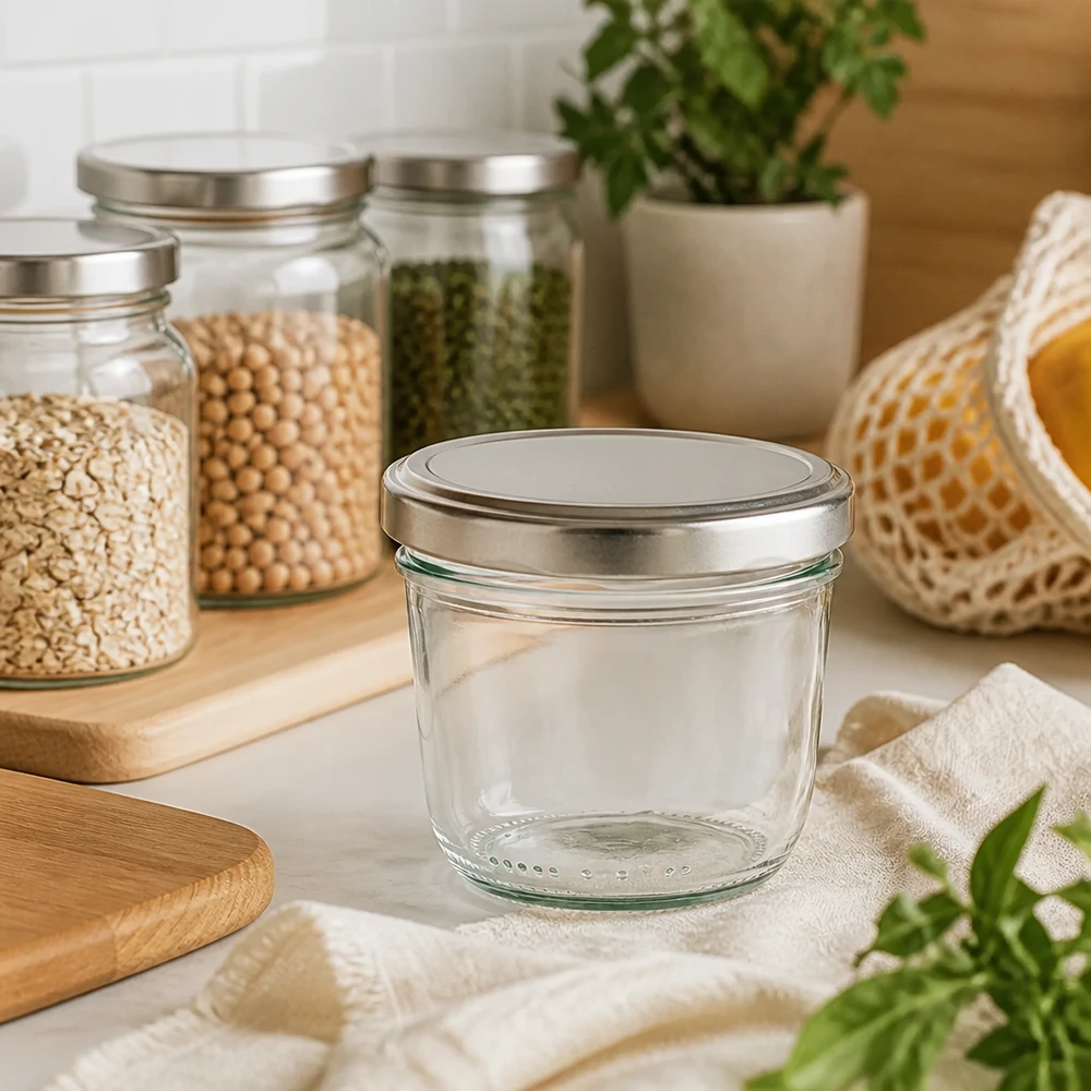 230ml Verre conique avec couvercle BasicSeal argent UNiTWIST Verre renversé de 230 ml avec couvercle BasicSeal argenté dans cuisine durable avec bocaux à provisions et planche en bois Lifestyle