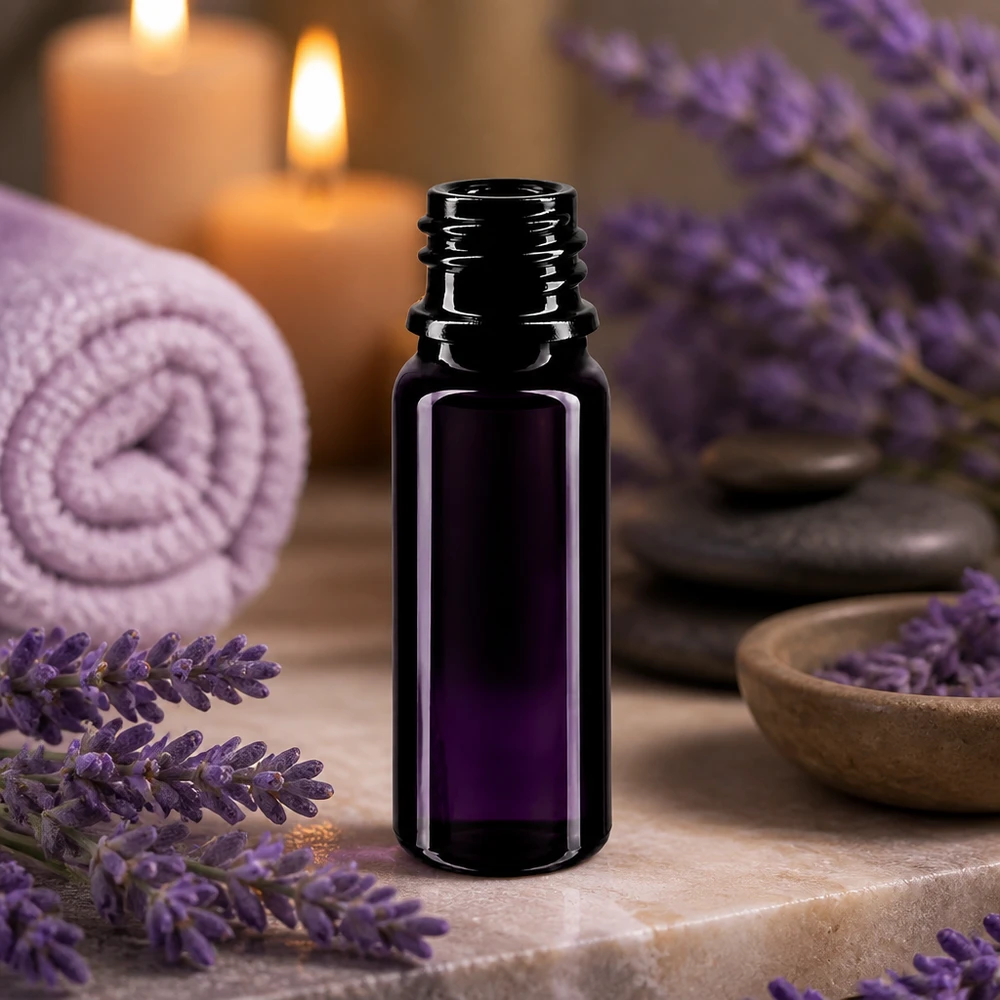 Flacon en verre violet 10 ml DIN18 (verre Miron) Elégant flacon noir en mironglass de 10ml avec un col étroit pour un dosage précis