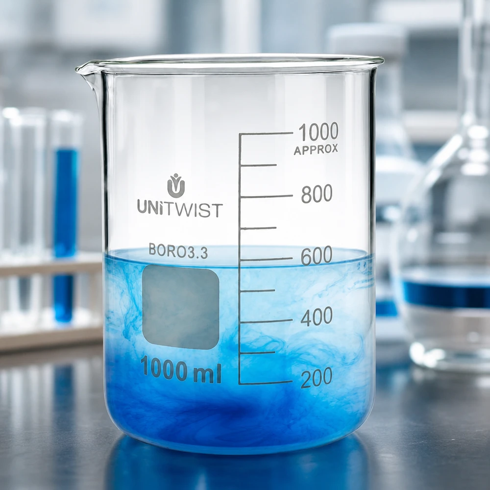 Bécher 1000ml borosilicate, forme basse UNiTWIST Verre de laboratoire gradué de 1 000 ml, de forme basse, en borosilicate, avec des graduations en encre bleue dans l'eau