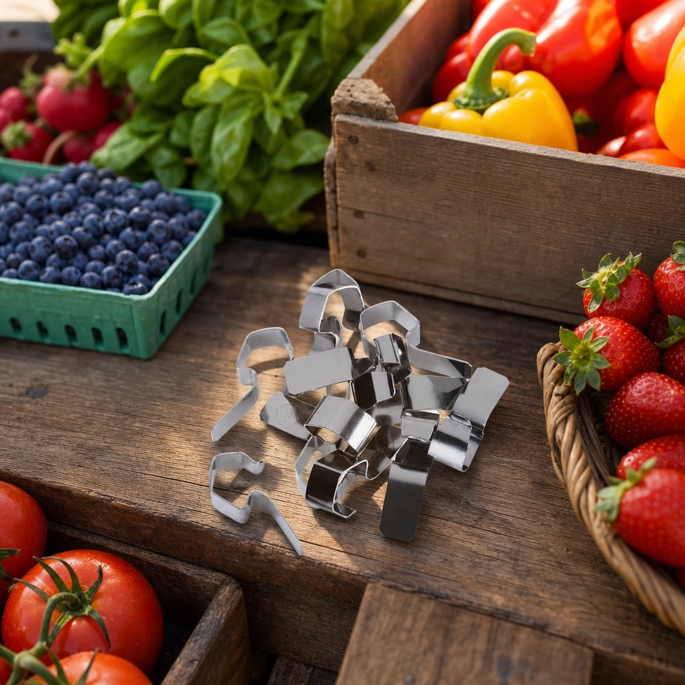 Pinces à confiture en acier inoxydable entourées de légumes frais, de fruits et de baies sur une table en bois rustique Accessoires de cuisine