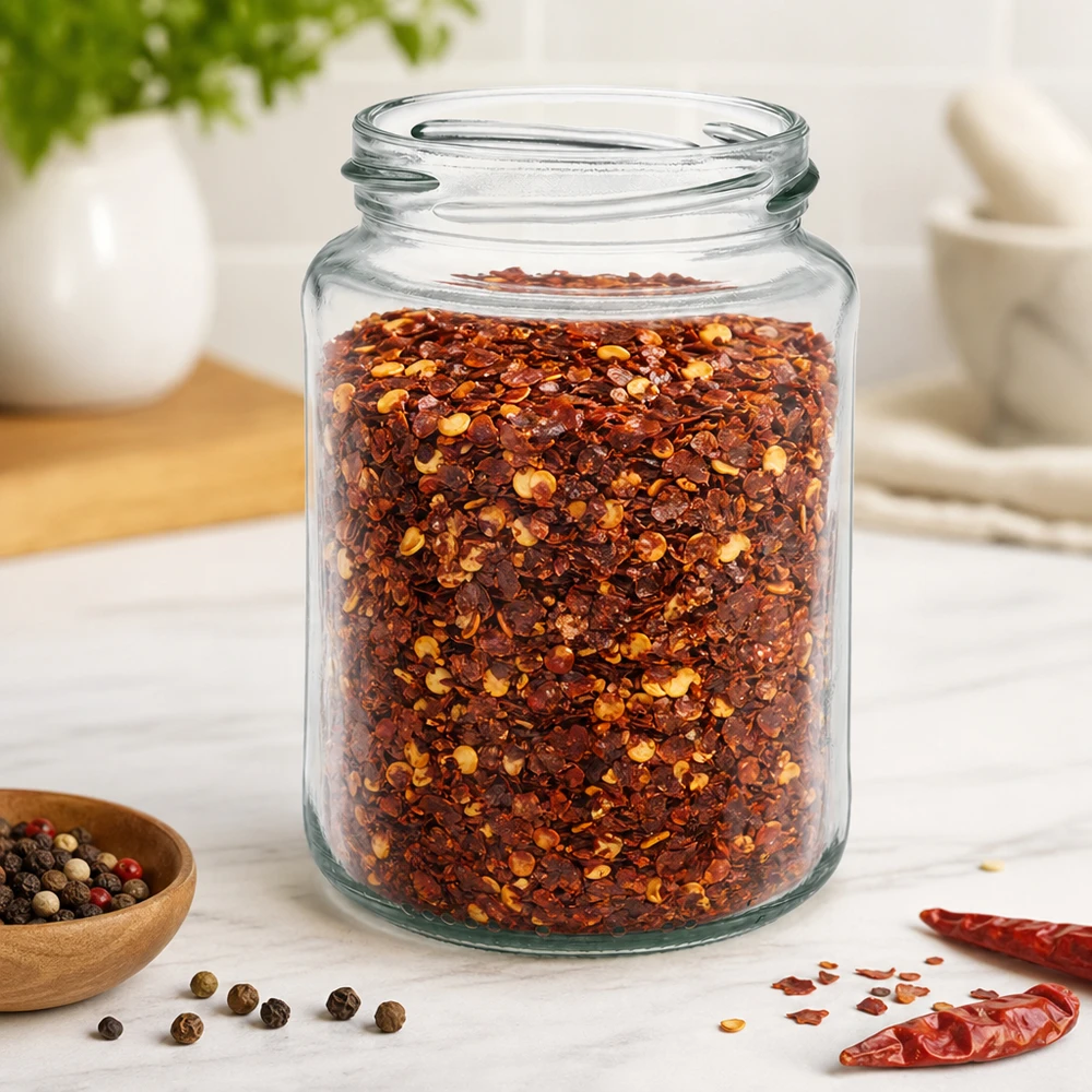 UNiTWIST Runda382 Verre rond 382ml TO66 rempli de mélange d'épices au piment dans une cuisine claire sur une table en marbre