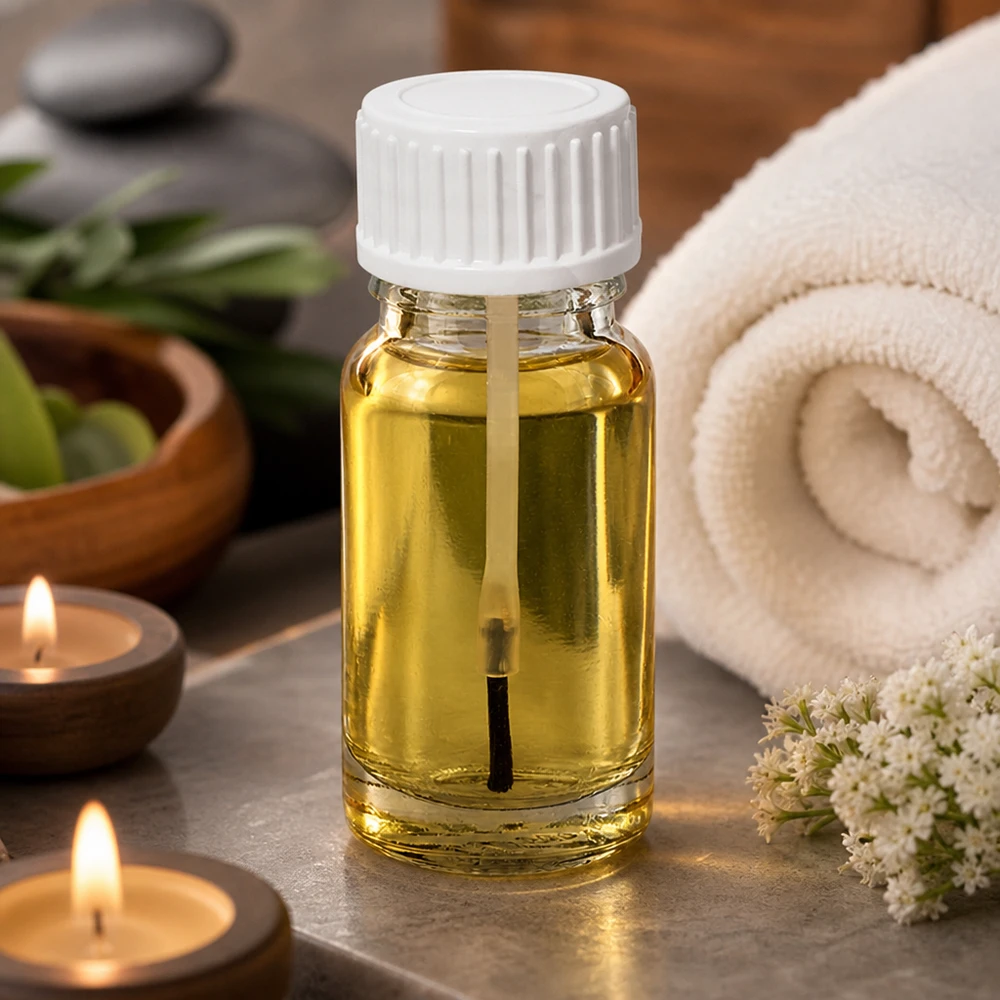 10ml flacon pinceau blanc STD ClearLine UT18/10 Flacon à pinceau de 10 ml en verre transparent avec bouchon blanc, rempli d'huile jaune doré sur fond « spa »