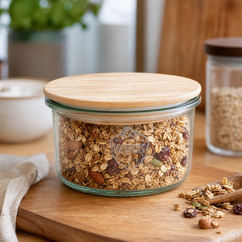 WECK Pot renversé RR80 165ml avec couvercle en bambou rempli de mélange de céréales sur planche en bois dans une cuisine moderne