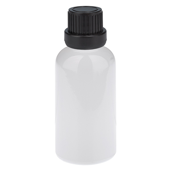 Flacon 30 ml, bouchon à vis 11 mm noir, bouchon d'inviolabilité WhiteLine UT18/30 Flacon 30 ml, bouchon à vis 11 mm noir, bouchon d'inviolabilité WhiteLine UT18/30