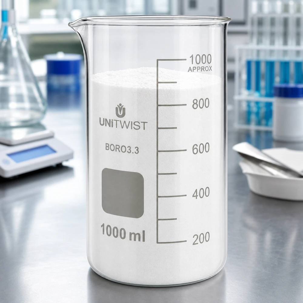 Bécher haut de 1 000 ml en borosilicate UNITWIST, avec de la poudre blanche et des tubes à essai en arrière-plan