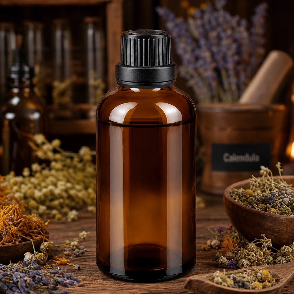 Bouteille de pharmacie brune 50ml bouchon vissable noir bouchon inviolabilité Petit flacon de pharmacie de 50 ml en verre anti-UV avec bouchon à vis, posé sur un socle en bois rustique orné de fleurs sauvages