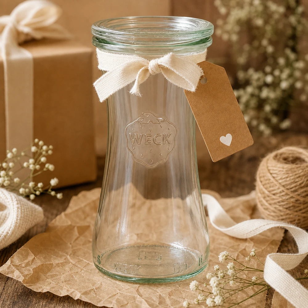 WECK Pot à délicatesse 100ml RR40 comme idée de cadeau décoré avec un noeud de couleur crème et un pendentif en papier kraft
