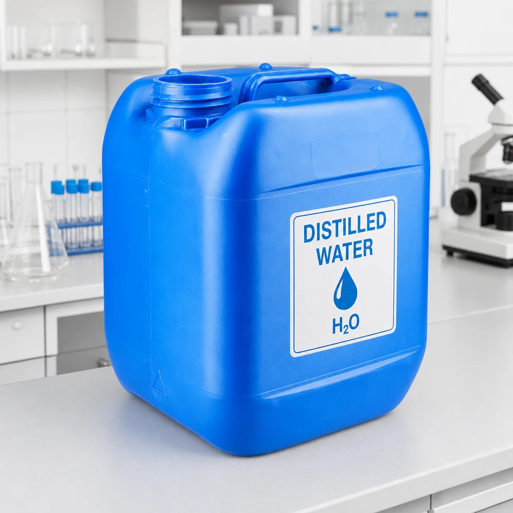 Bidon en plastique bleu de 5 L sans couvercle, à large ouverture et avec poignée intégrée