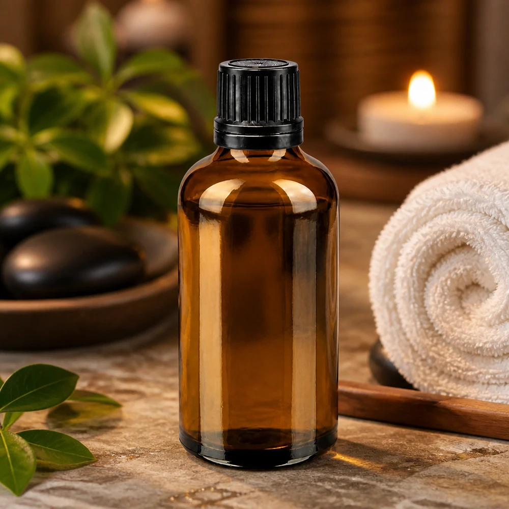 Bouteille de pharmacie brune 50ml bouchon vissable noir bouchon inviolabilité Flacon cylindrique de 50 ml, type pharmacie, en verre ambré, avec bouchon à vis noir – Utilisation pour huile de massage