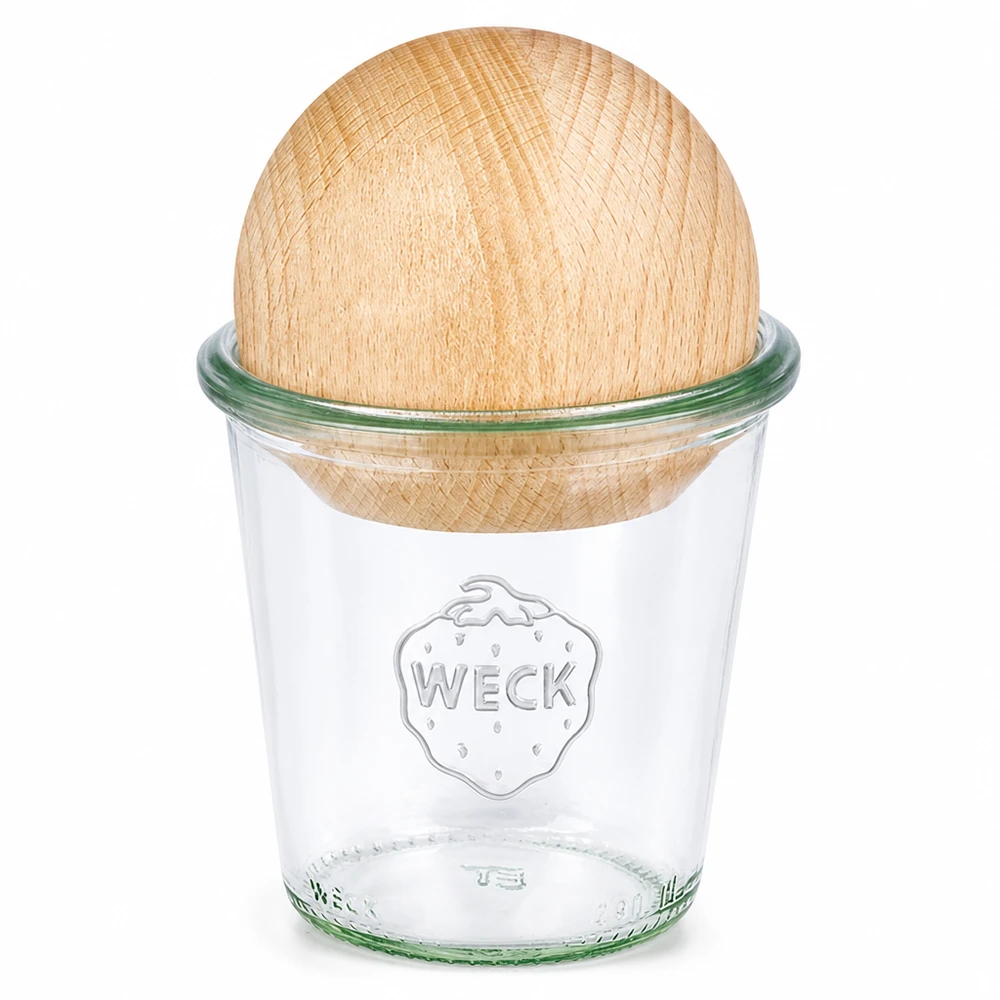 290ml bocal conique haut WECK RR80 avec boule en bois en hêtre WECK Pot renversé 290ml RR80 avec boule en hêtre Couvercle en bois Pot à conserves transparent