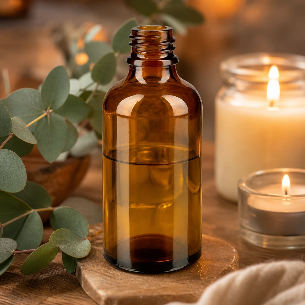 Flacon compte-gouttes pharmaceutique 50 ml DIN18 - verre brun 50ml bouteille en verre brun ApoGlas bouteille de pharmacie avec de l'huile essentielle à côté de bougies et d'eucalyptus