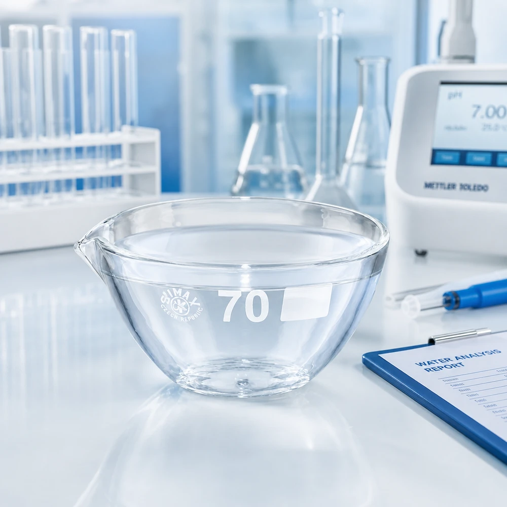Capsule d’évaporation 60 ml en verre borosilicate, avec bec verseur Bol d'évaporation professionnel ø70mm avec bec verseur en verre borosilicaté résistant aux produits chimiques