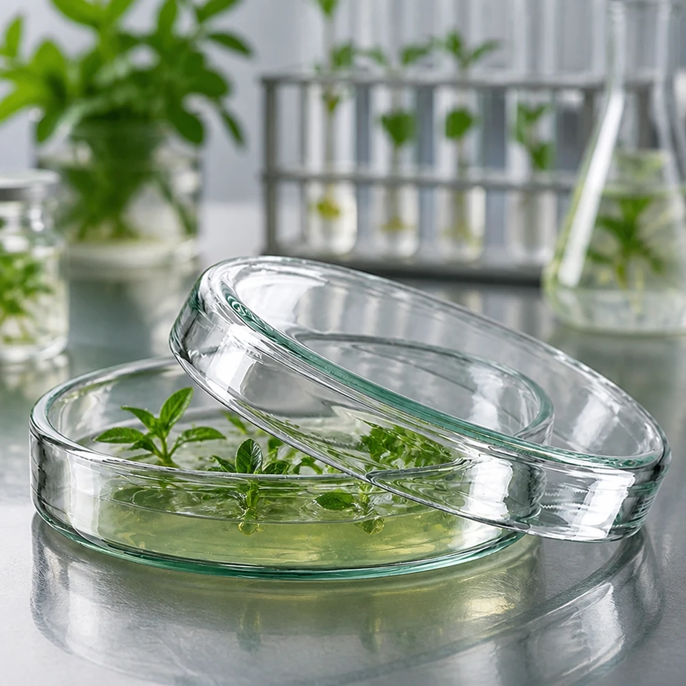 Boîte de Pétri en verre 60x15 mm Deux boîtes de Pétri transparentes en verre borosilicaté de 60 × 15 mm contenant du matériel végétal vert
