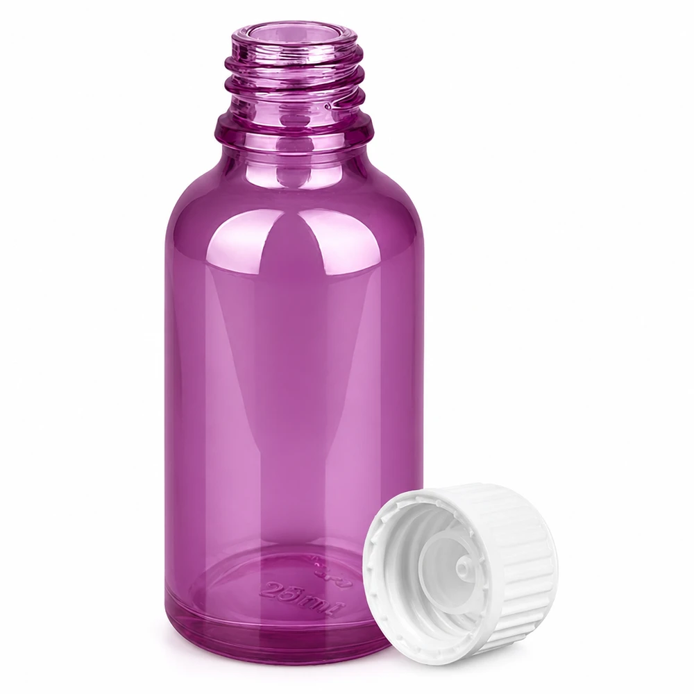Flacon de 30ml (globules). Anneau de coulée 3mm blanc Standard PurpleLine. UT18/30 Flacon compact en verre violet de 30 ml - parfait pour les voyages et les déplacements
