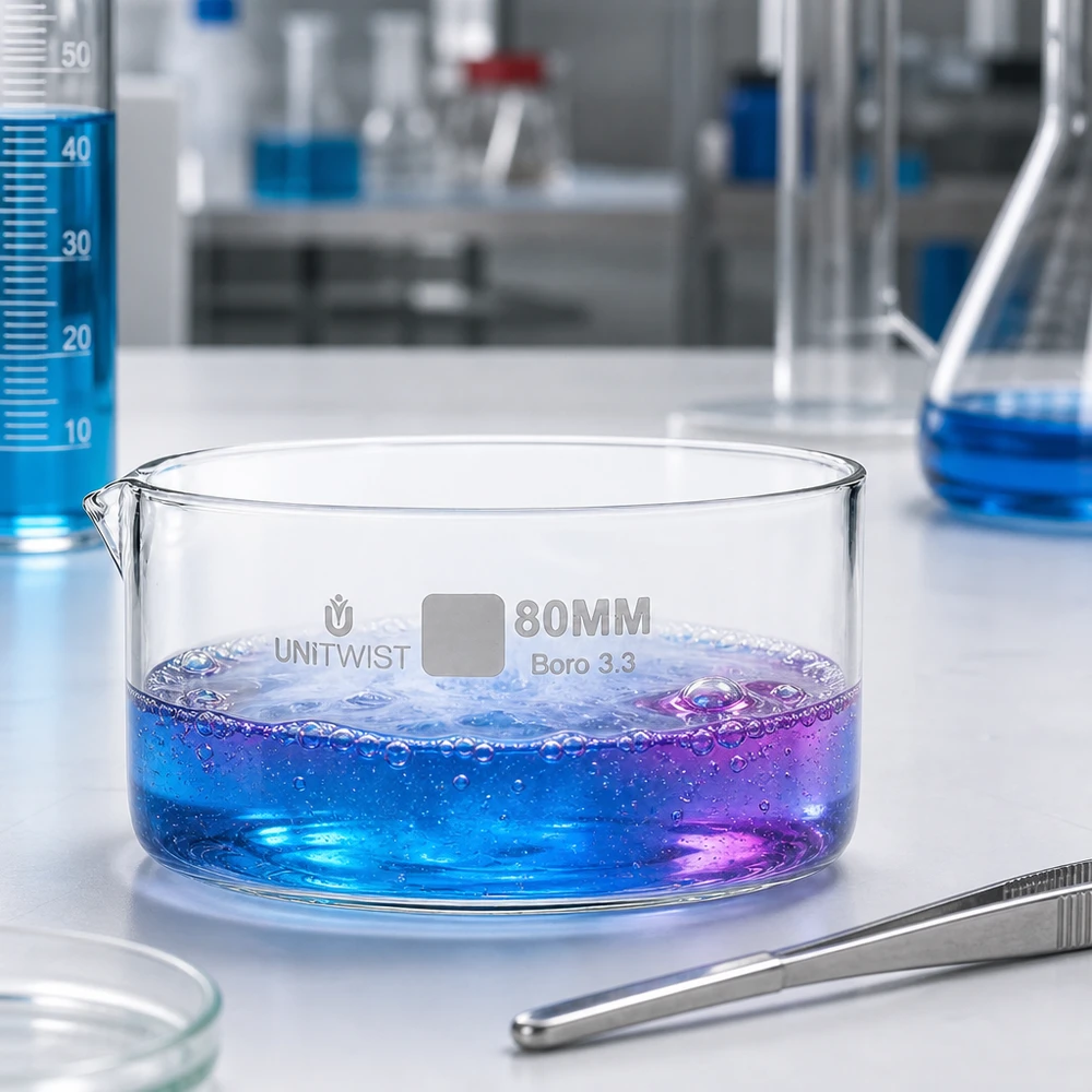 Cuve de cristallisation de 80 mm de diamètre UNiTWIST Boro 3.3 contenant un produit chimique réactif dans un laboratoire professionnel