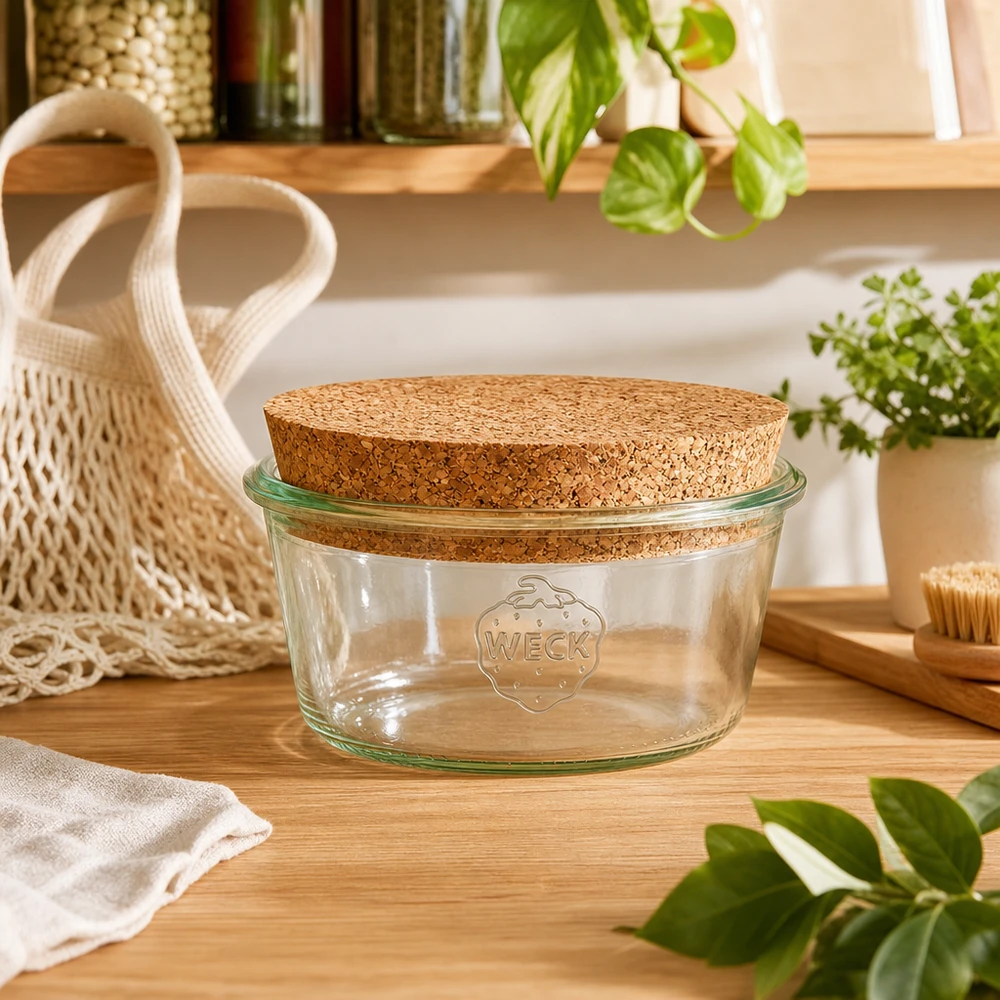 290ml bocal conique faible WECK RR80 avec bouchon nature WECK Pot à provisions 290ml RR100 avec couvercle en liège dans la cuisine durable Zero-Waste avec plantes et sac en filet