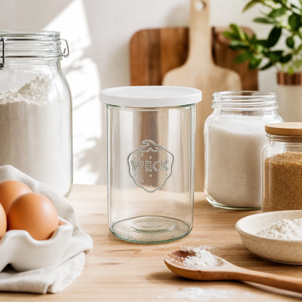 WECK Bocal 1000ml RR100 bocal vide avec couvercle fraîcheur entre la farine, les œufs et les ustensiles de cuisine indique les ingrédients.