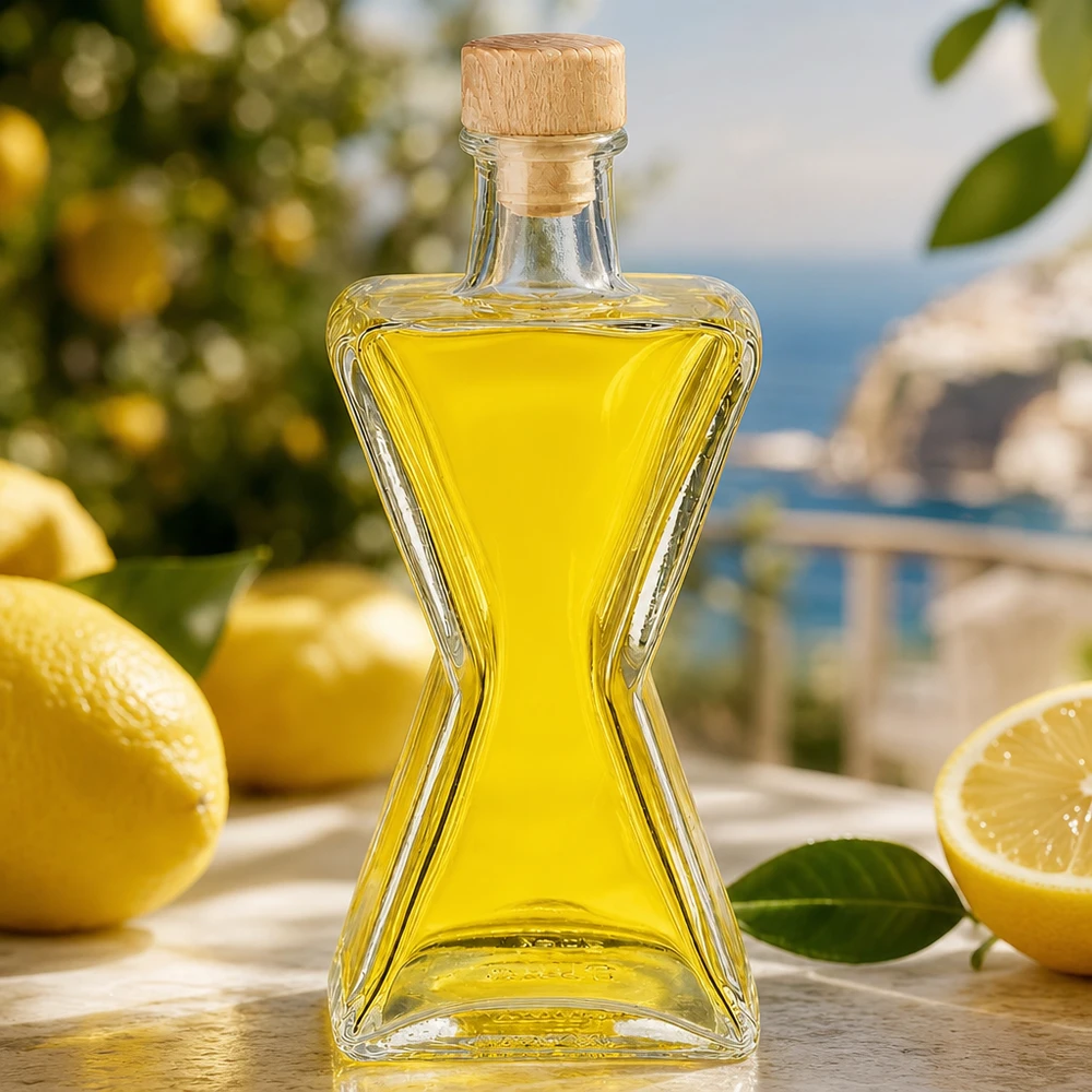 Bouteille en verre 200 ml « Star » avec bouchon en bois UNiTWIST® Bouteille en verre Star de 200ml remplie d'huile jaune à côté de citrons - Bouchon en bois UNiTWIST pour limoncello et spiritueux