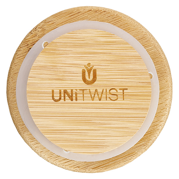 160ml bocal conique WECK RR60 avec couvercle en bois UNITWIST Couvercle en bois RR60 Vue de dessus avec logo gravé au laser et anneau d'étanchéité en silicone transparent pour bocaux WECK