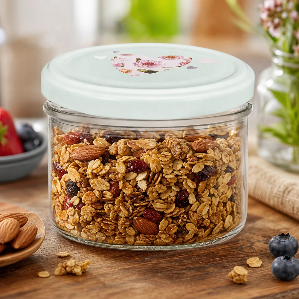 Pot cylindrique de 230 ml + couvercle BasicSeal cur menthe Pot cylindrique 230ml avec couvercle BasicSeal cœur menthe rempli de noix de muesli et de fruits secs sur fond en bois