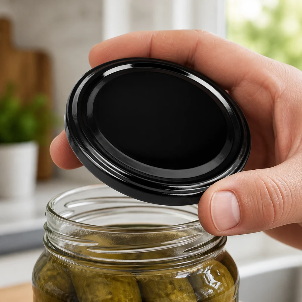 UNiTWIST TO48 noir, BioSeal, sans BPA, unitemp. UNiTWIST TO48 noir unitemp, couvercle métallique de 48 mm pour cornichons en bocal à vis