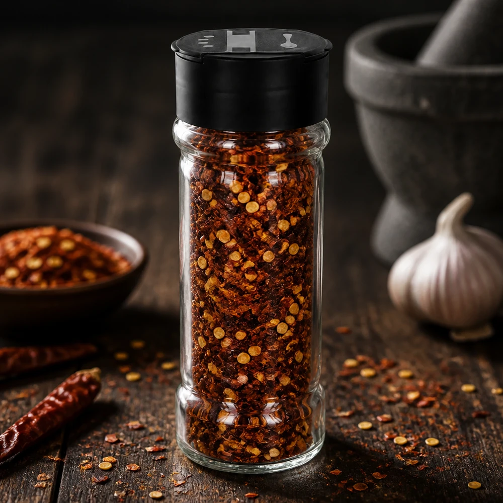 Pot à sel/épices 100 ml avec double saupoudreuse, noir Petit bocal en verre de 100 ml contenant de la poudre de piment rouge et des graines jaunâtres, posé sur un support en bois