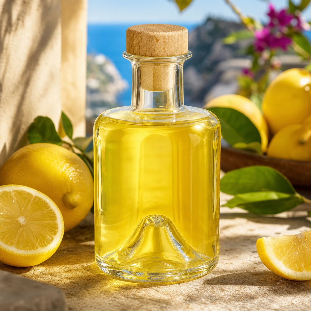 Flacon à pharmacie « Sofia » 200 ml avec bouchon en bois UNiTWIST® 200ml Glasflasche Sofia mit Holzkorken gefüllt mit Zitronenöl in mediterraner Küche mit frischen Zitronen