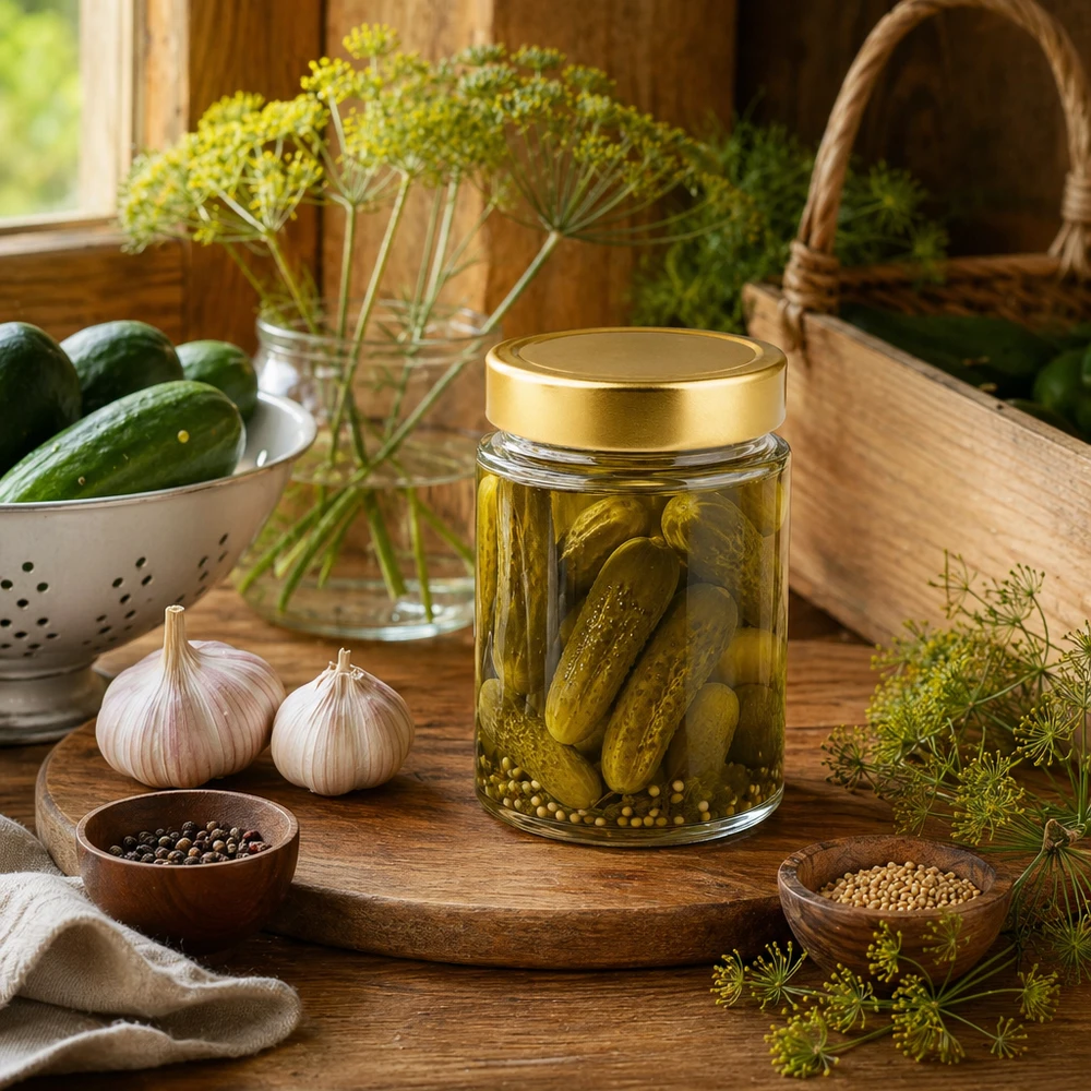 202ml Verre rond avec couvercle BasicSeal or UNiTWIST Pot rond de 202ml avec couvercle doré rempli de cornichons - pot traditionnel pour légumes marinés