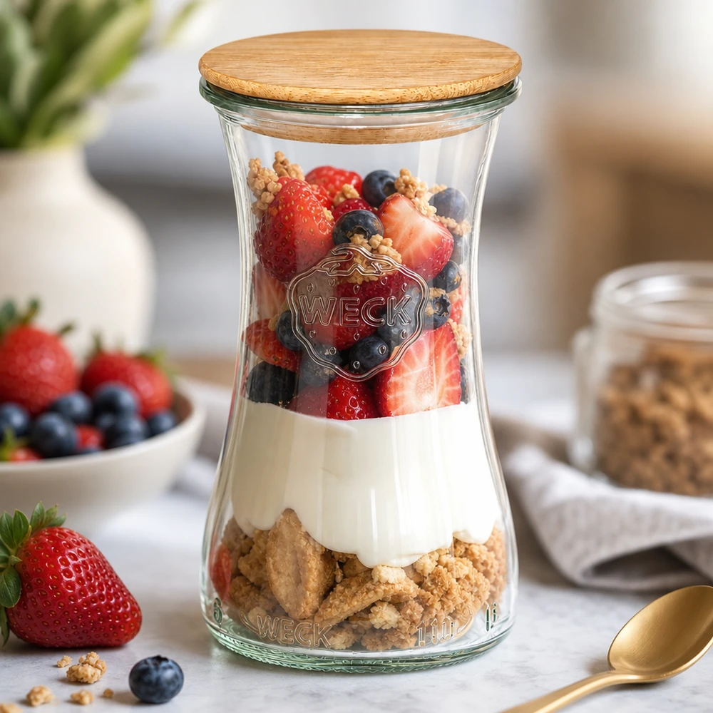 WECK Pot de conservation 100ml RR40 avec couvercle en bambou comme pot à dessert pour yaourt rempli de baies et de granola