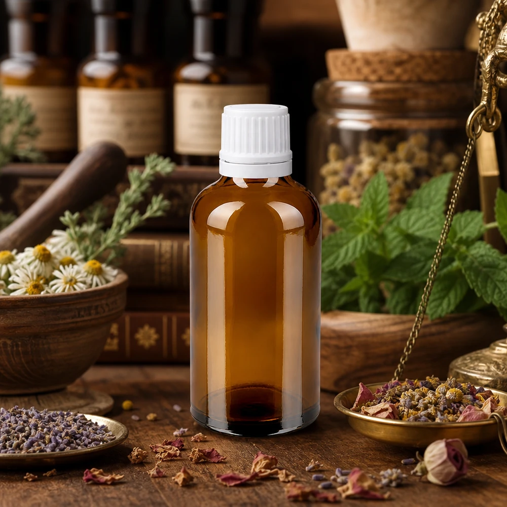 Bouteille de pharmacie brune 50ml bouchon vissable blanc bouchon inviolabilité Petite bouteille en verre brun de 50 ml avec bouchon de sécurité blanc, destinée à la médecine naturelle et aux extraits de plantes