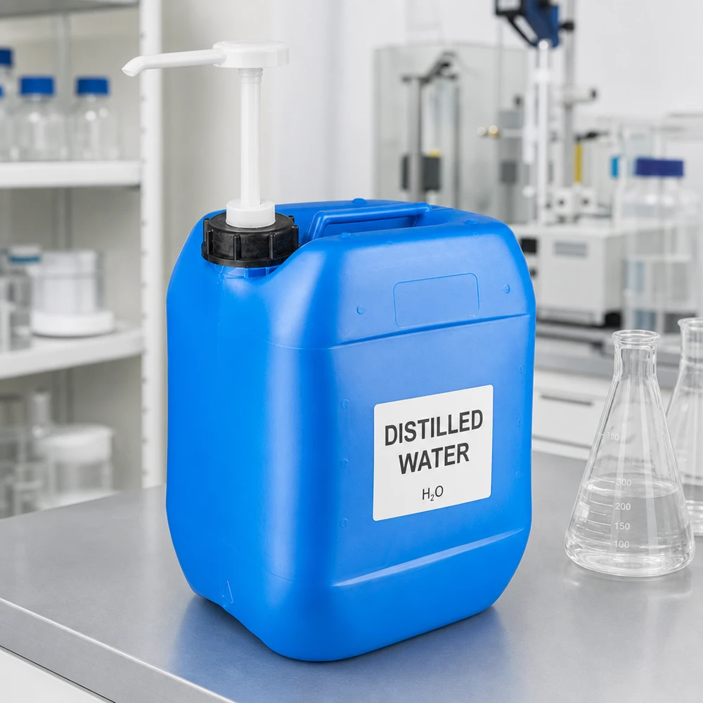 Bidon robuste en plastique bleu de 10 litres avec pompe, destiné à un environnement de laboratoire professionnel
