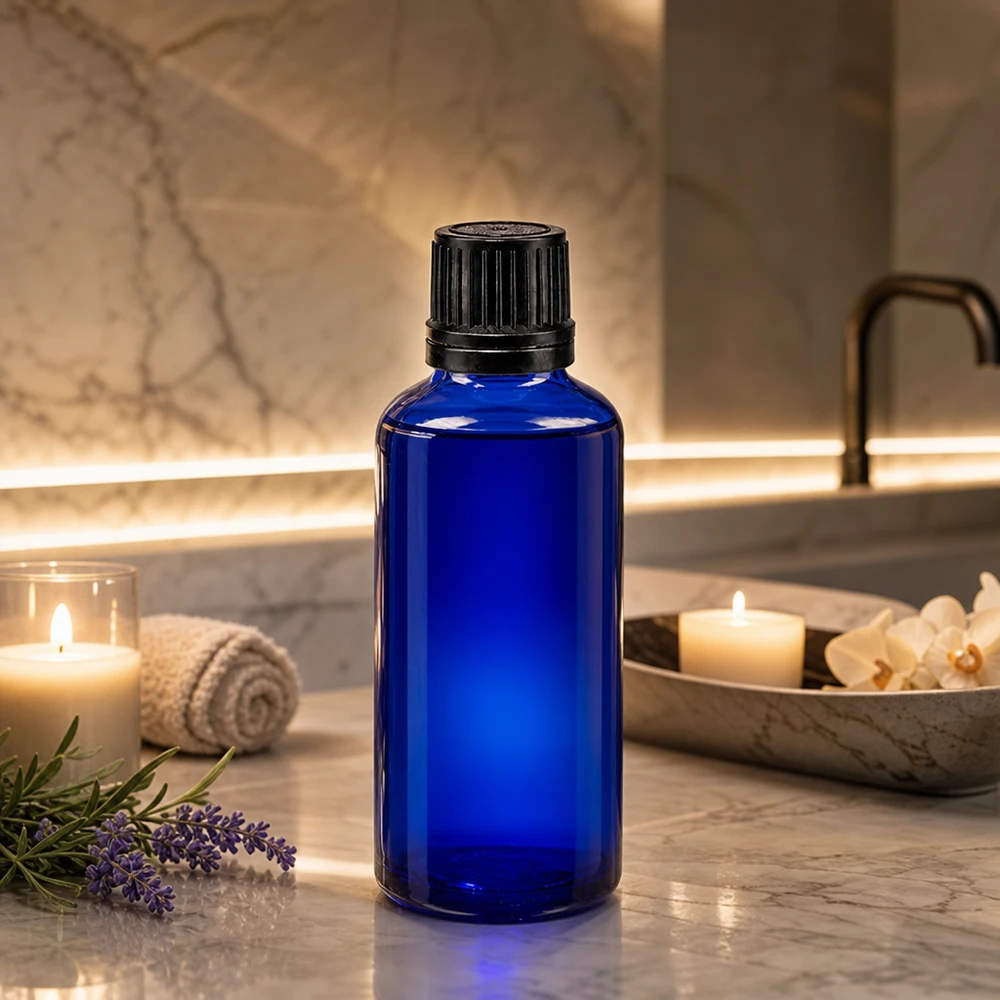 Flacon à pharmacie bleu 50ml bouchon inviolable 1mm noir bouchon d'inviolabilité Flacon en verre bleu cobalt de 50 ml muni d'un compte-gouttes de 1 mm, posé sur du marbre à côté de bougies et de lavande