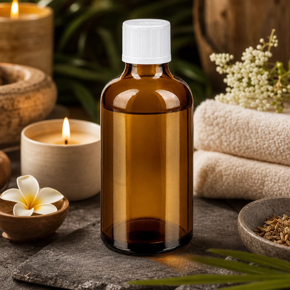 Petit flacon de pharmacie marron de 50 ml avec bouchon de sécurité enfant blanc, au milieu de fleurs et d'herbes