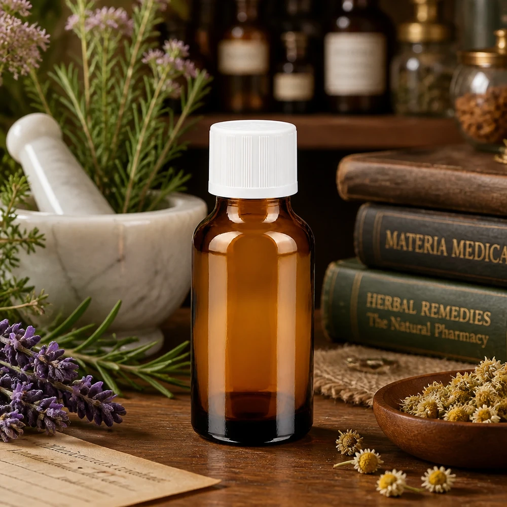 Flacon pharm. brun 20ml, bouchon blanc, sécu. enfant std. Flacon en verre brun de 20 ml avec bouchon de sécurité enfant, à côté d'un mortier contenant de la lavande et des fleurs de camomille