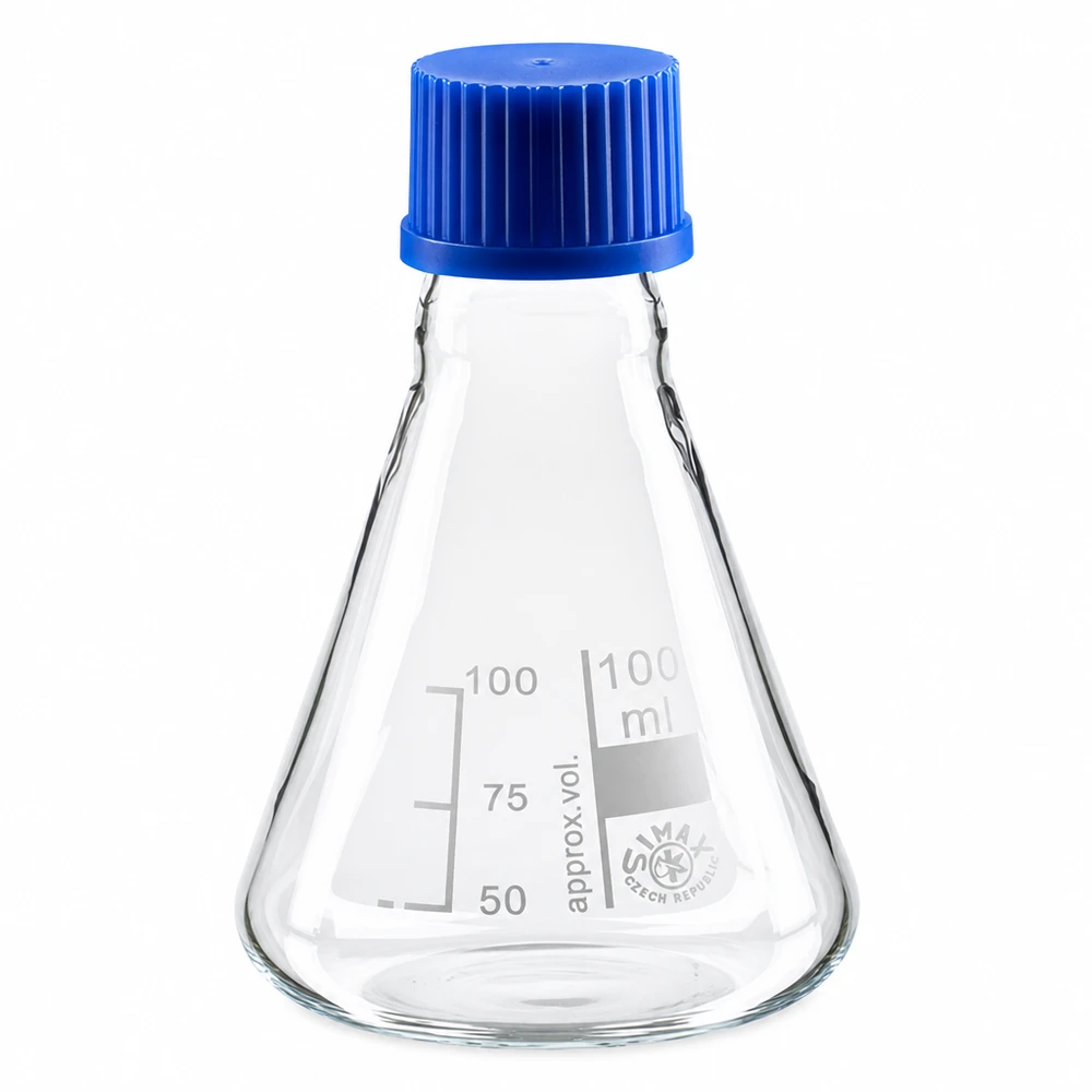Erlenmeyer 100 ml col étroit, verre borosilicate avec filetage et bouchon Fiole conique Erlenmeyer en verre transparent avec bouchon en plastique bleu