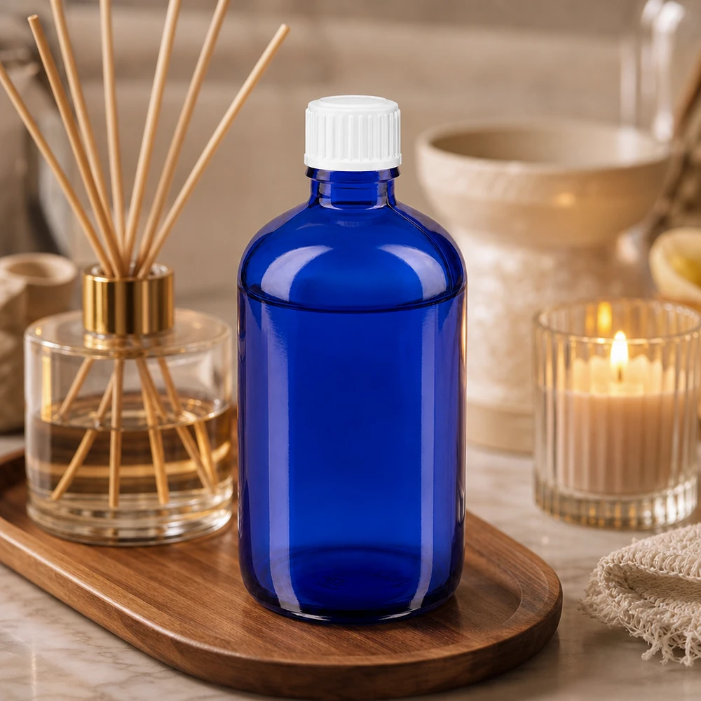 Une bouteille en verre bleue de 100 ml à côté d'un diffuseur de parfum d'ambiance et d'une bougie, dans une ambiance spa apaisante