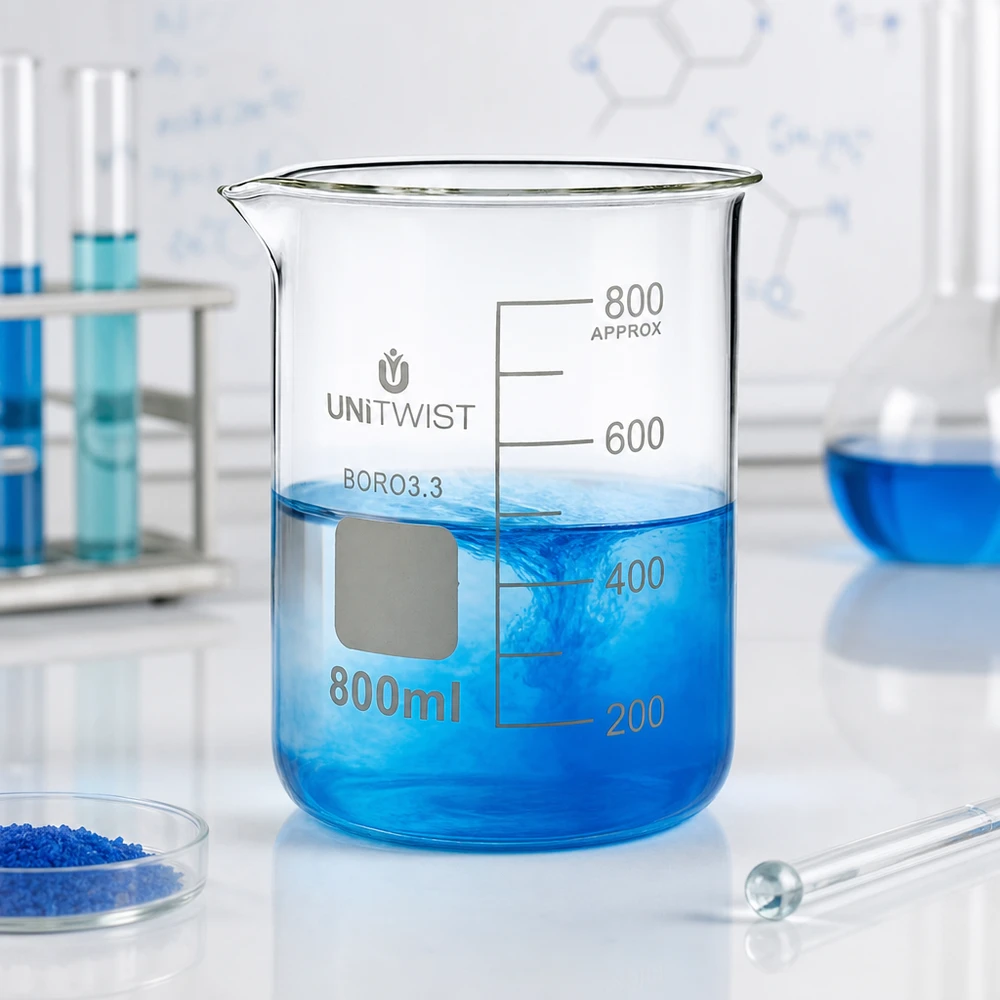 Bécher de laboratoire de chimie 800 ml, forme basse, UNiTWIST, en borosilicate, contenant une solution de sulfate de cuivre