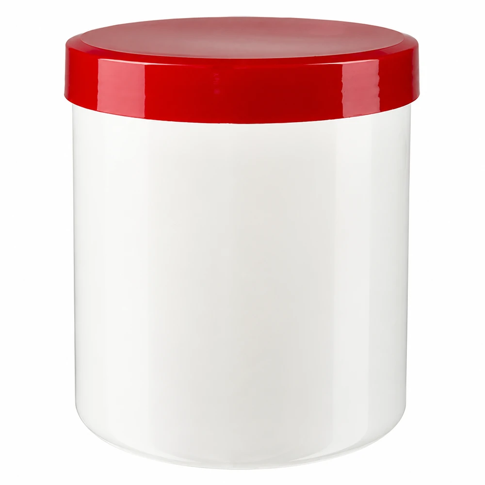 Petite boîte blanche de 30 g avec couvercle à vis rouge, destinée aux secteurs cosmétique et pharmaceutique
