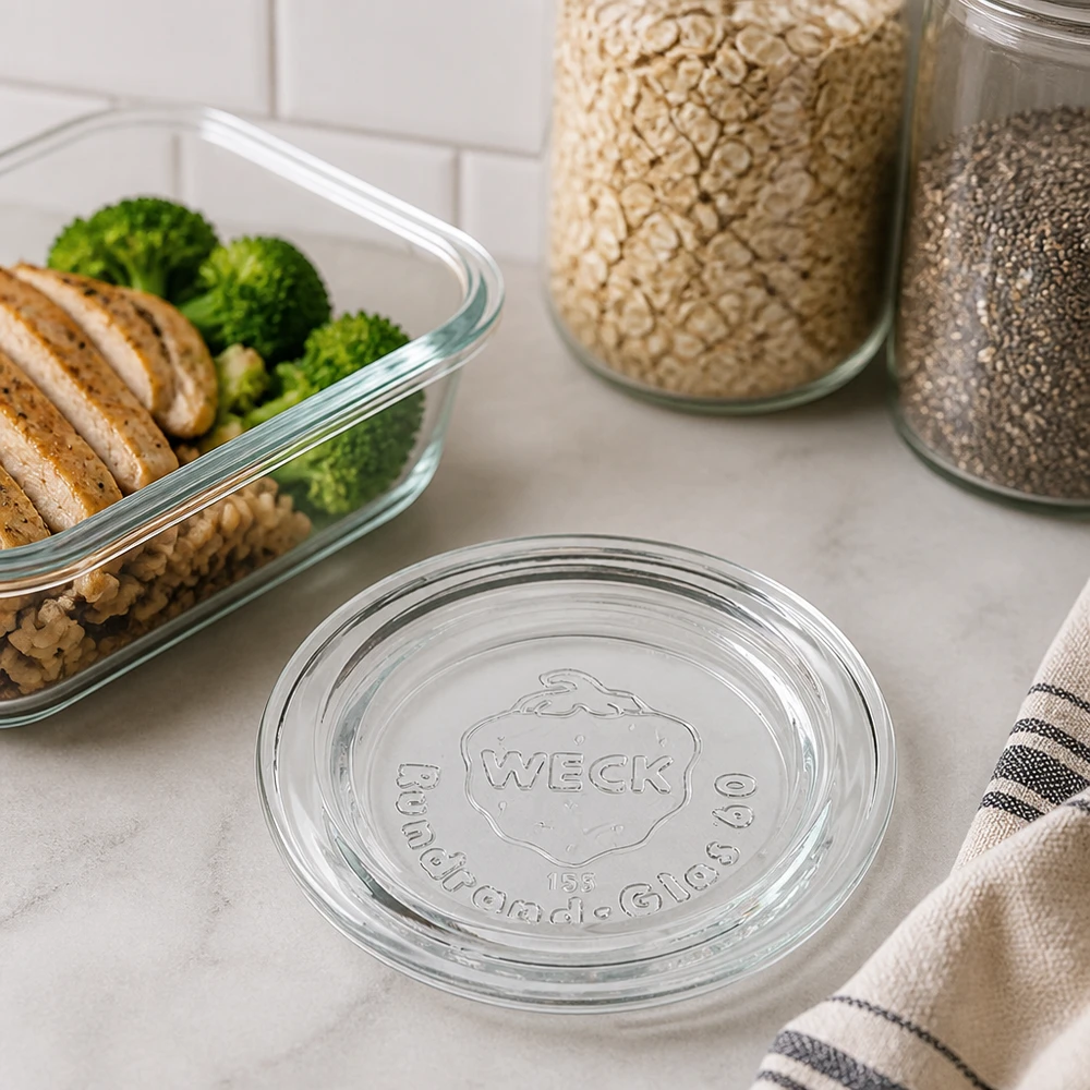 WECK Couvercle en verre RR60 sur plan de travail en marbre à côté du conteneur Meal Prep avec brocolis et bocaux à provisions Style de vie à la cuisine