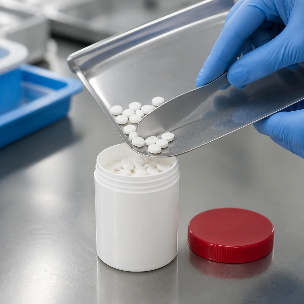 Pot à pommade blanc de 20 g avec couvercle à vis rouge, pour un conditionnement hygiénique dans un laboratoire pharmaceutique
