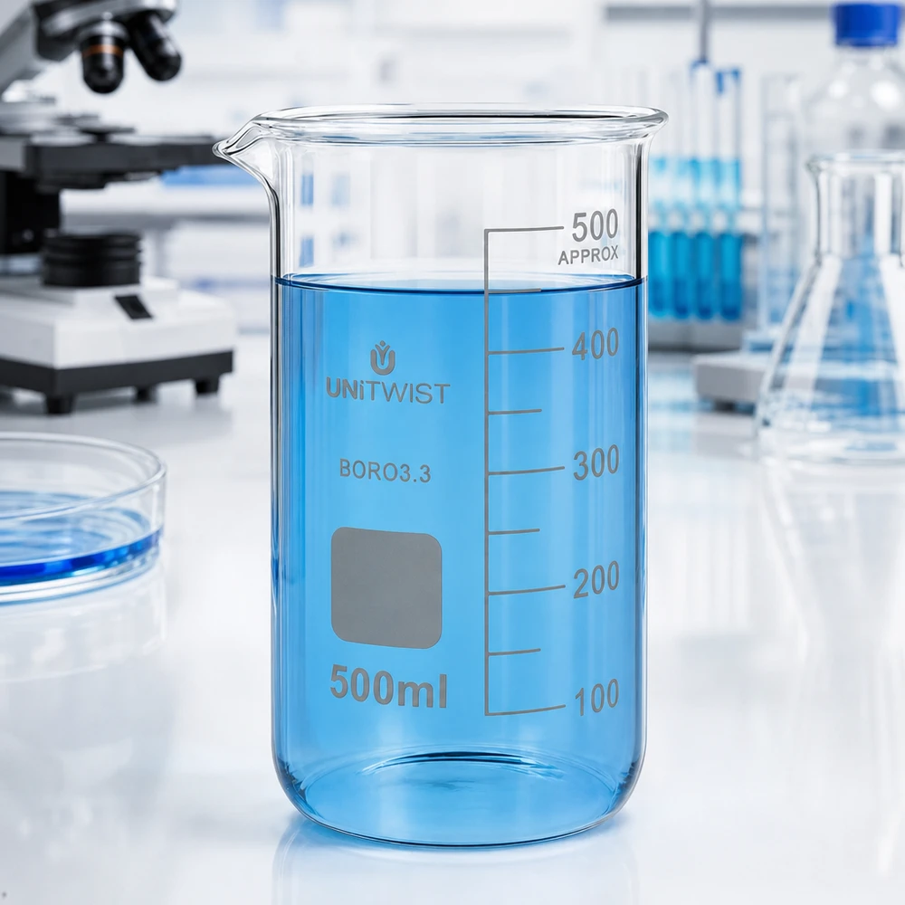 UNITWIST : bécher en verre de 500 ml, forme haute, avec zone d'étiquetage et échelle de volume, pour laboratoire