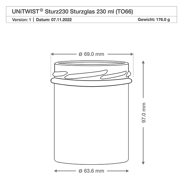 230ml Verre conique sans couvercle (TO66) UNiTWIST UNITWIST Sturz230 Verre renversé 230ml TO66 dessin technique avec dimensions 69mm diamètre 97mm hauteur poids 176g