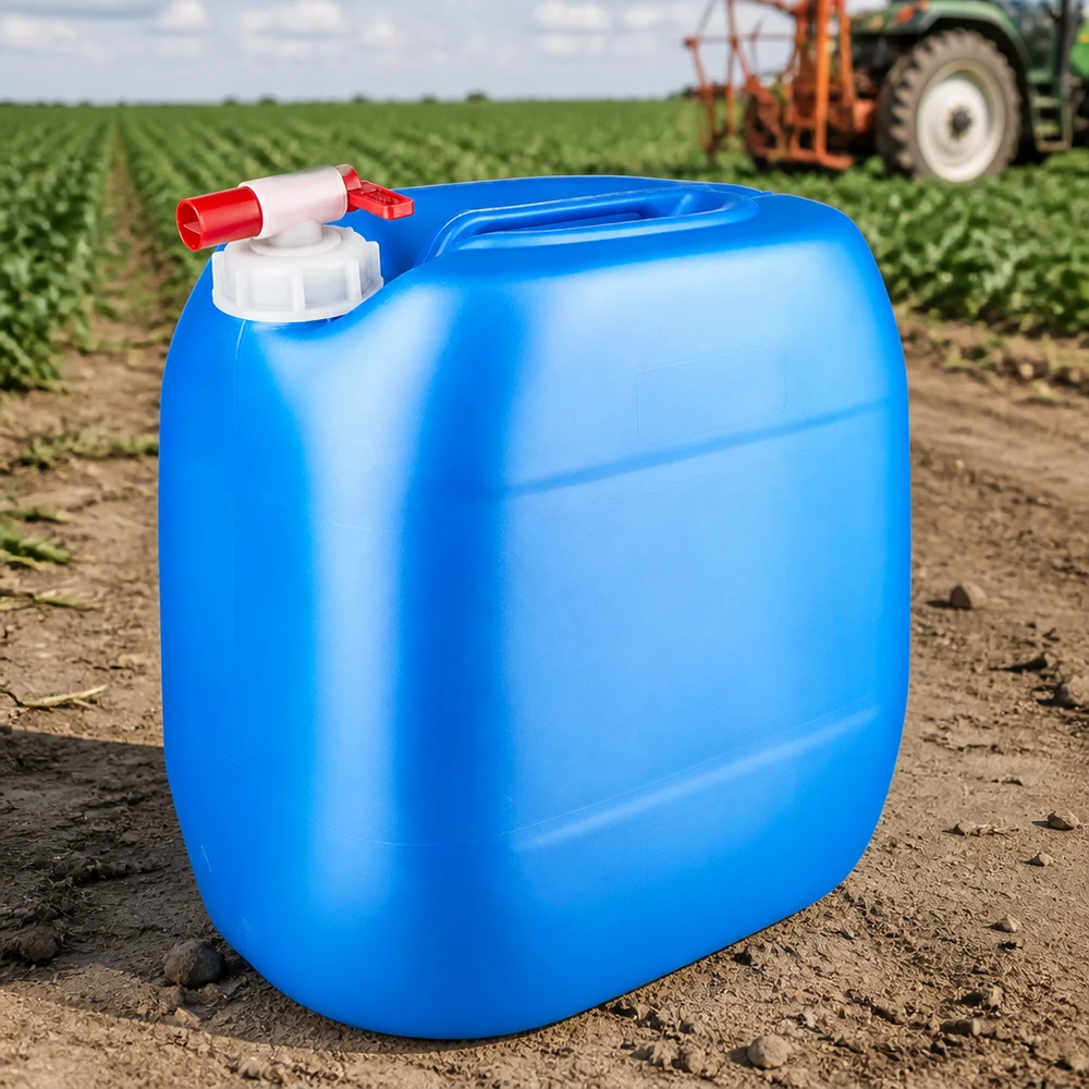 Bidon 30 litres bleu avec robinet Jerrican agricole portable de 30 L, bleu avec un robinet rouge, utilisé sur le terrain