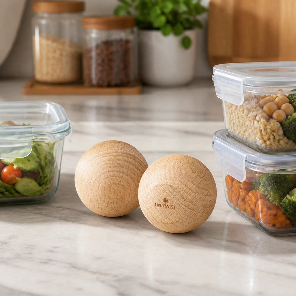 UNiTWIST Sphère en bois (hêtre) pour WECK RR60 UNiTWIST Sphères en bois hêtre WECK RR60 dans une cuisine moderne avec des boîtes Meal-Prep et des bocaux de stockage Scène de style de vie