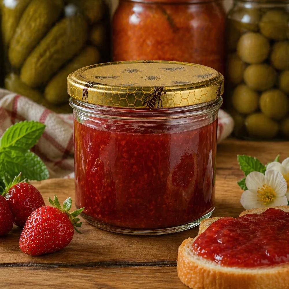Pot de miel en nid d'abeille 250g rempli de confiture à côté de fraises fraîches et de pain sur une table en bois