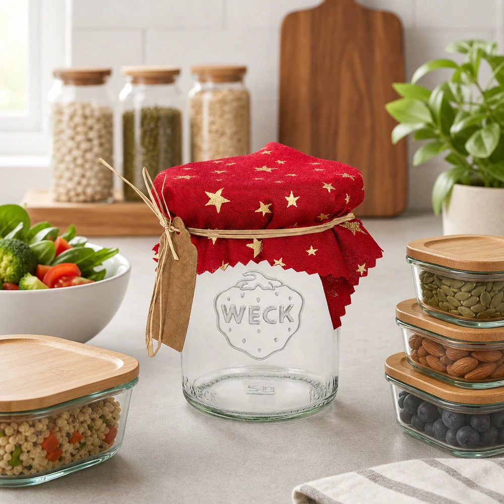 Couvercle en tissu étoiles rouge 120x120mm carré Couvercle en tissu rouge étoilé 12cm sur table de cuisine en verre WECK vide avec bocaux à provisions et légumes frais Ambiance