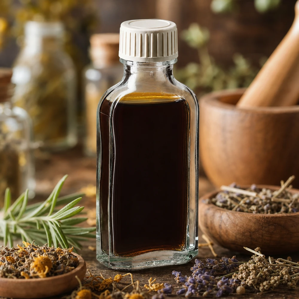 Flasque transparente de 50 ml au goulot DIN 22, avec bouchon à vis DIN 22 blanc en PP et joint mousse en PE Liquide brun dans un flacon Meplat transparent de 50 ml, muni d'un insert en mousse de PE, destiné aux produits naturels et aux extraits