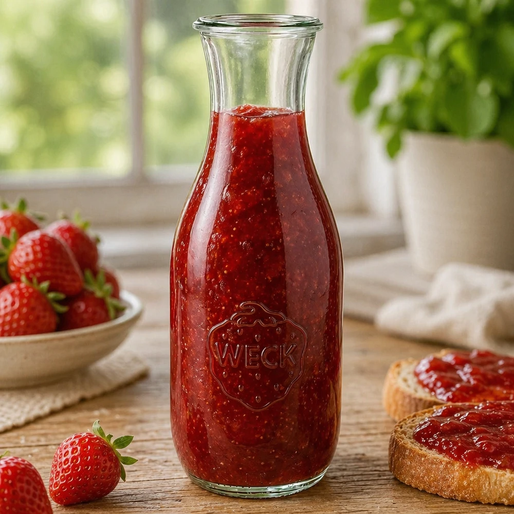 WECK Bouteille de jus 1062ml RR60 remplie de confiture de fraises maison à côté de tranches de pain et de baies fraîches