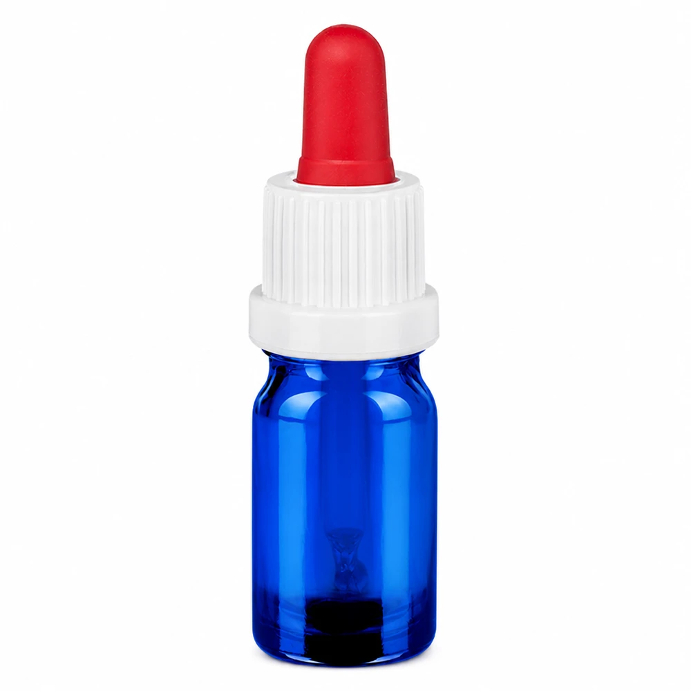 Flacon à pipette 5ml blanc/rouge OV BlueLine UT18/5 Flacon pipette compact de 5ml en verre bleu de haute qualité avec bouchon blanc OV BlueLine