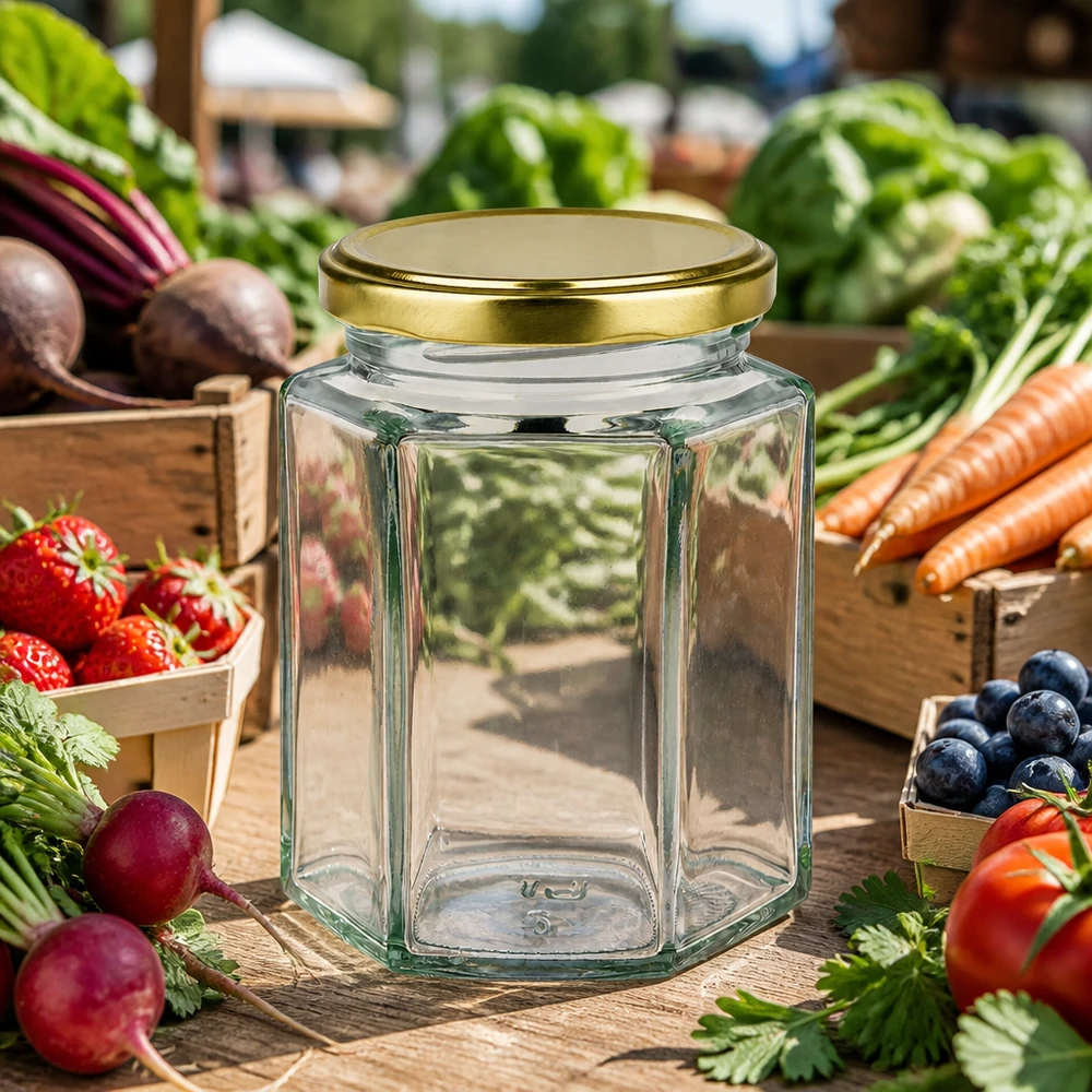 Hexaglas 191 ml + couvercle BasicSeal doré UNiTWIST® Bocal Hexaglas UNiTWIST de 191 ml avec couvercle BasicSeal doré, posé sur une table en bois et entouré de légumes frais du marché